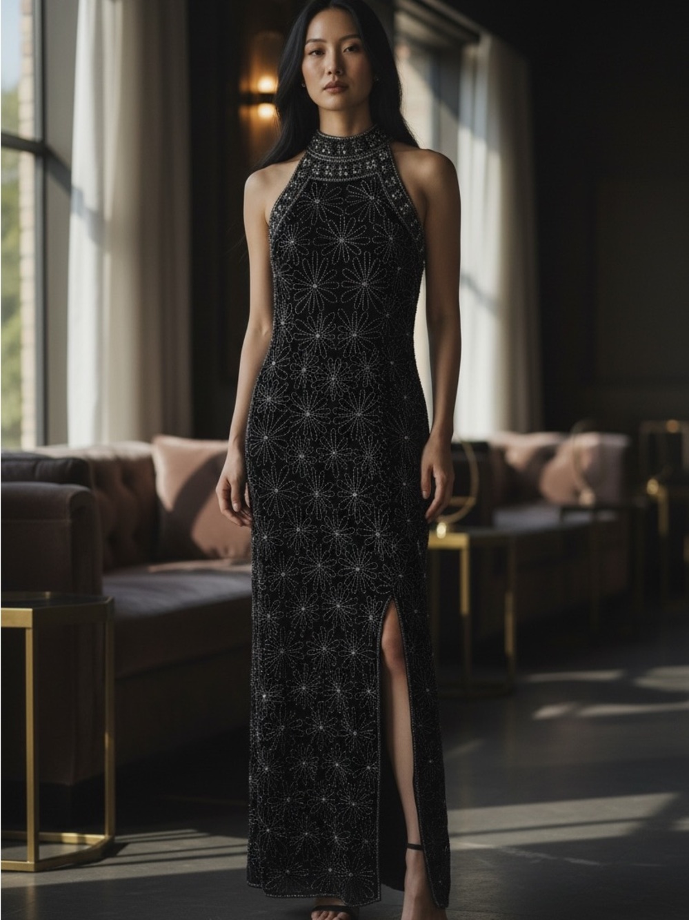 Papell Boutique Black Beaded Halter Silk Gown with Front Slit Petite 6 Vintage
